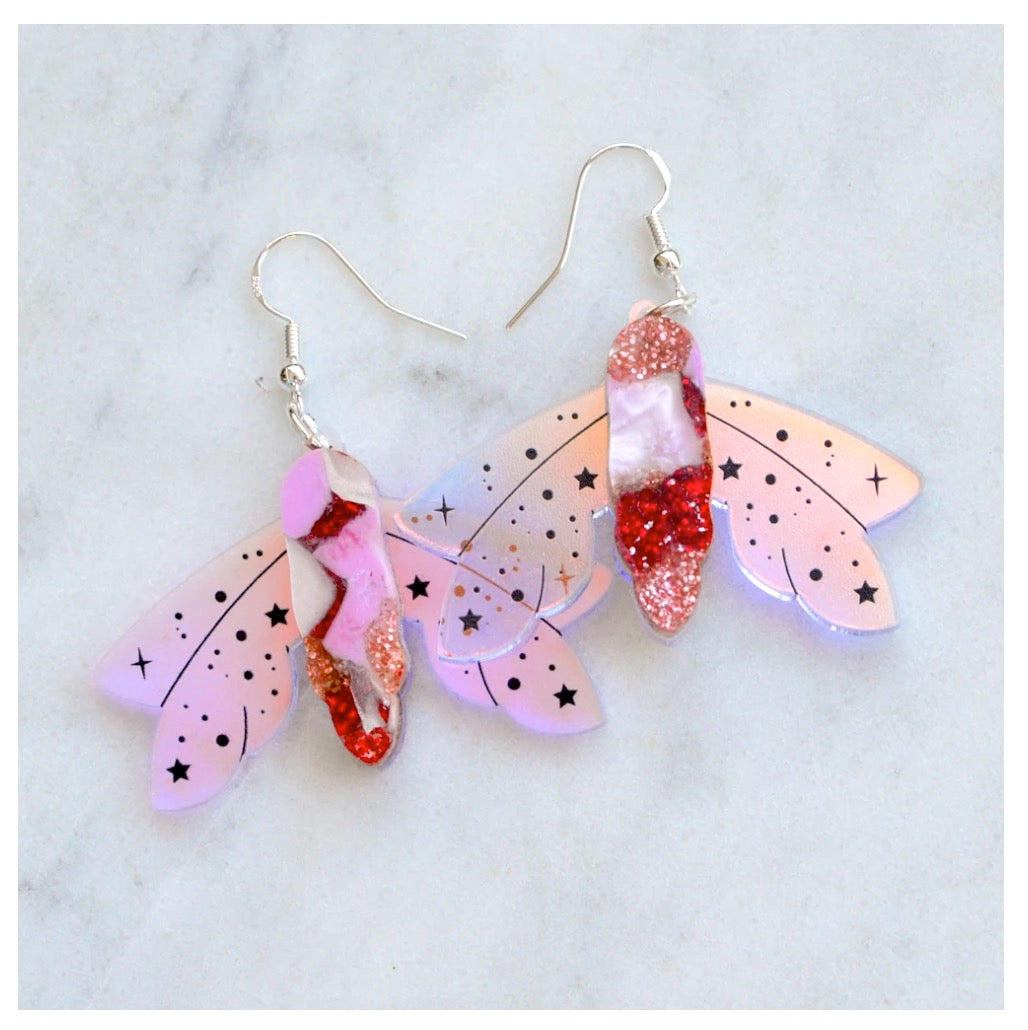 Recycled Acrylic Celestial Moth Earrings by Esoteric London (Pink/Red)