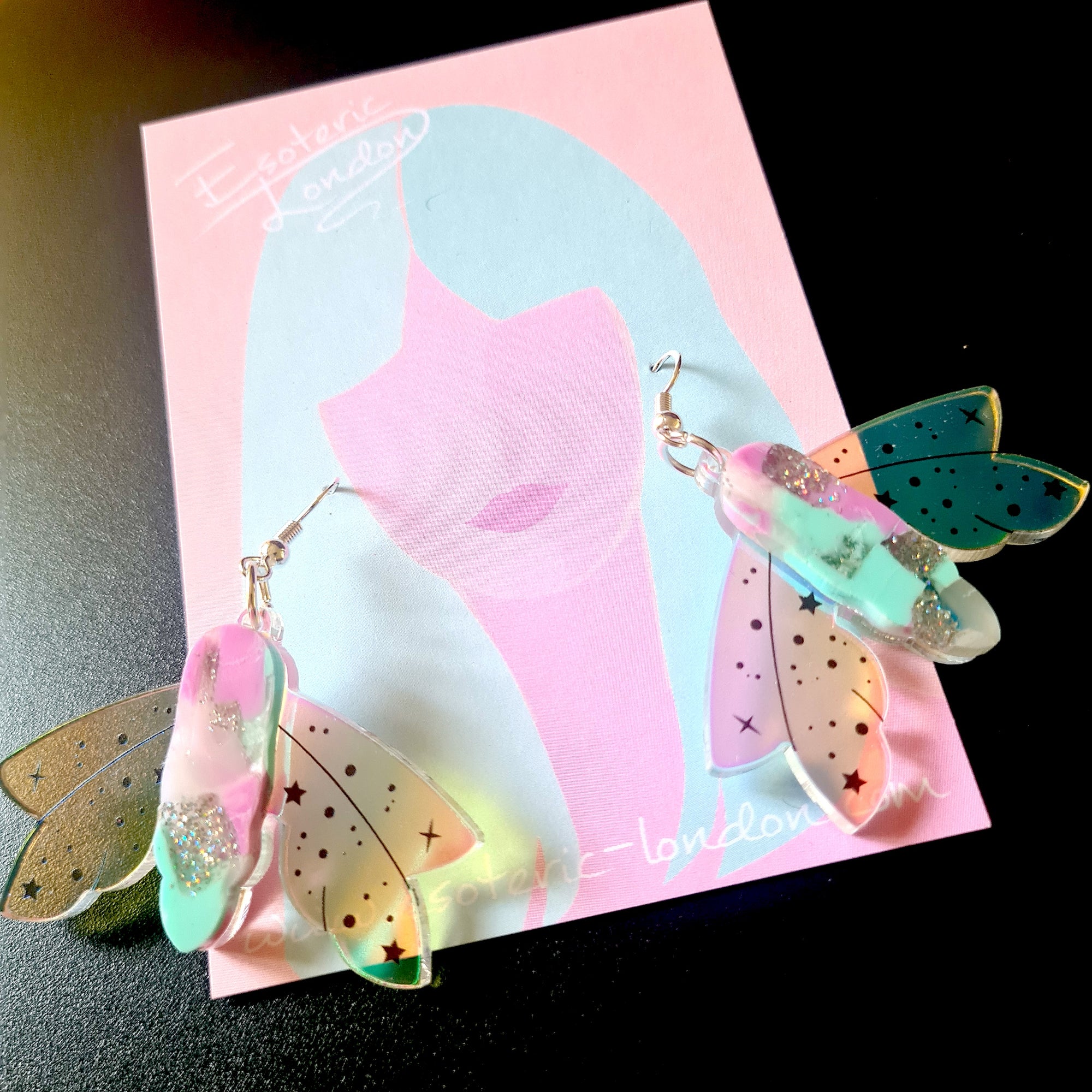 Recycled Acrylic Celestial Moth Earrings by Esoteric London ( Pink/Turquoise)