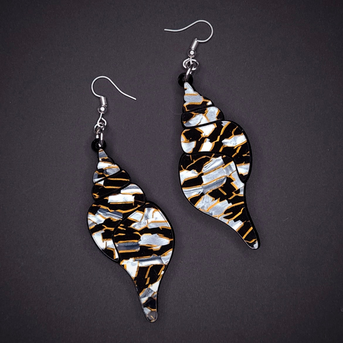 White Gold Black Shell Earrings by Lou Taylor