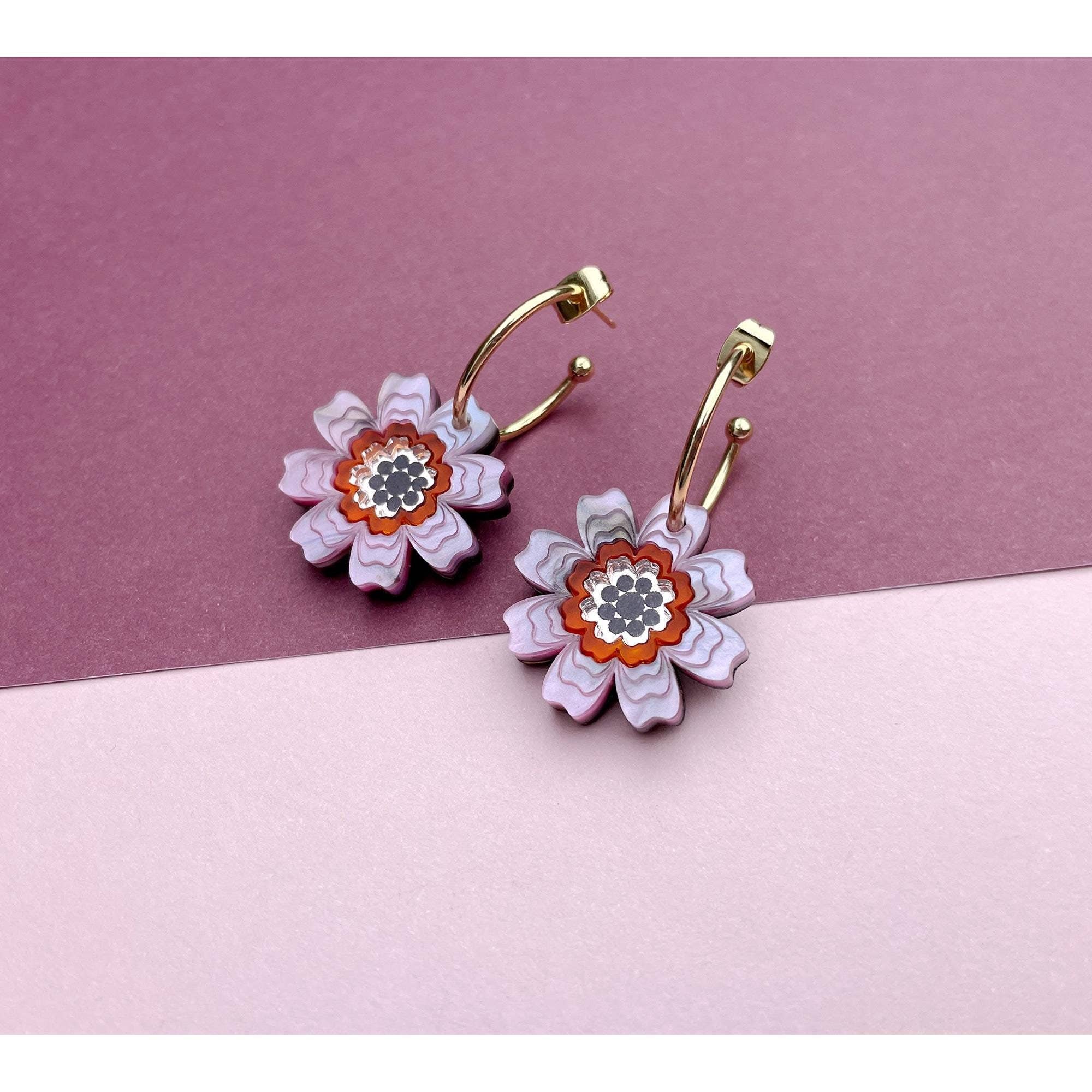 Agnes Daisy Floral Hoop Earrings : Pink Marble by Rosa Pietsch