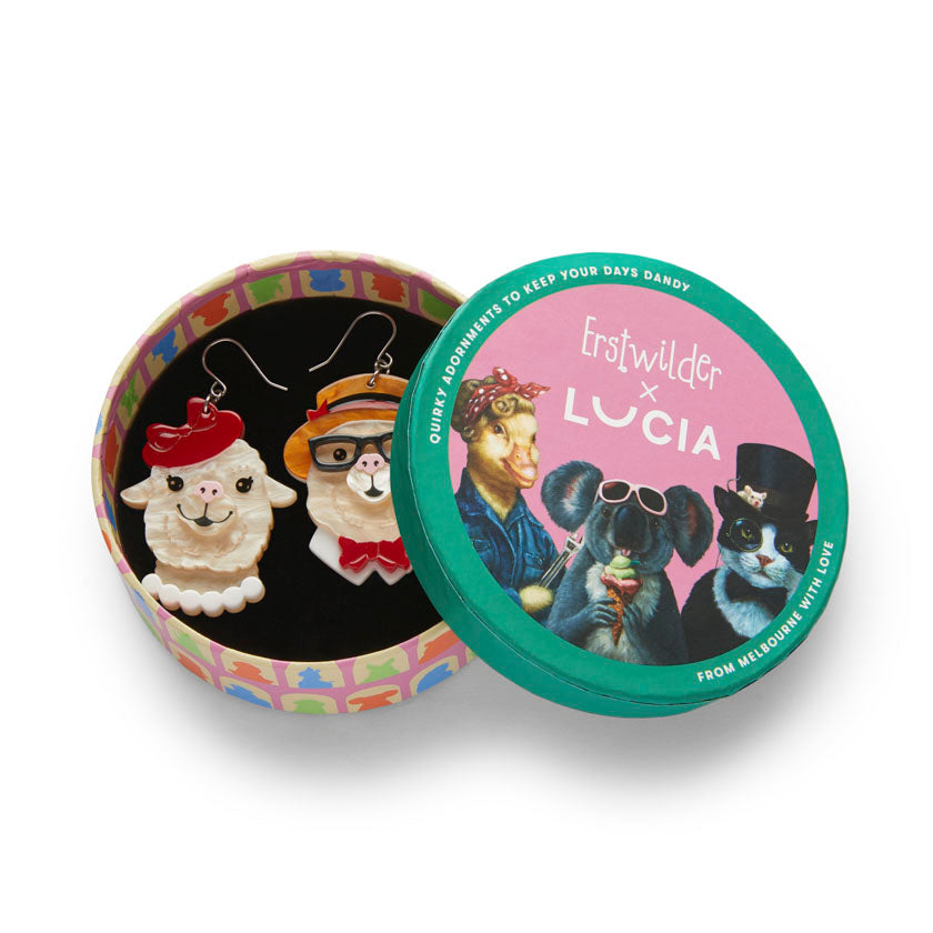 Erstwilder Enamoured Alpacas drop earrings featuring stylish alpacas in hats and glasses on a blue background.