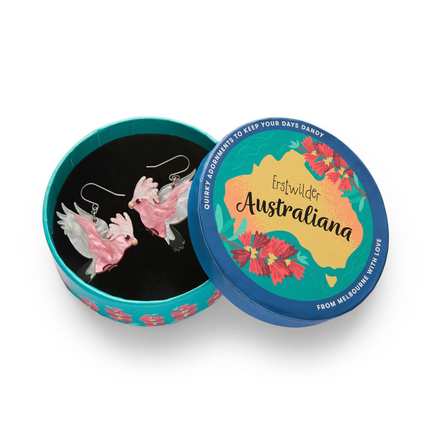 Erstwilder Gertie the Galah Earrings featuring pink and grey bird designs, from the Australiana 2025 Collection.