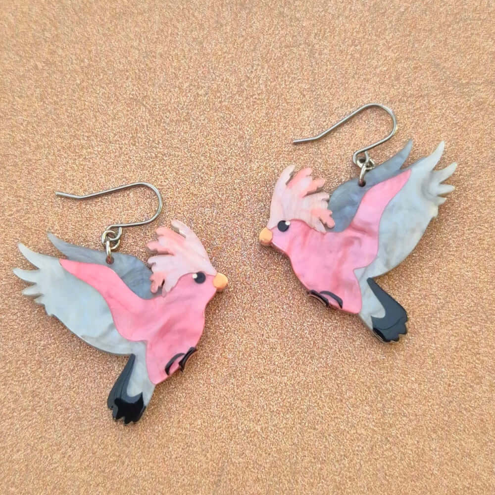 Erstwilder Gertie the Galah Earrings featuring pink and grey bird designs, from the Australiana 2025 Collection.
