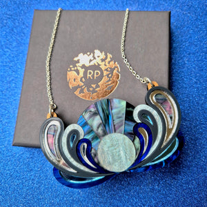 Psychedelic Sunrise Bib Necklace by Rosa Pietsch, featuring layered acrylic in vibrant lunar colours and a silver chain.