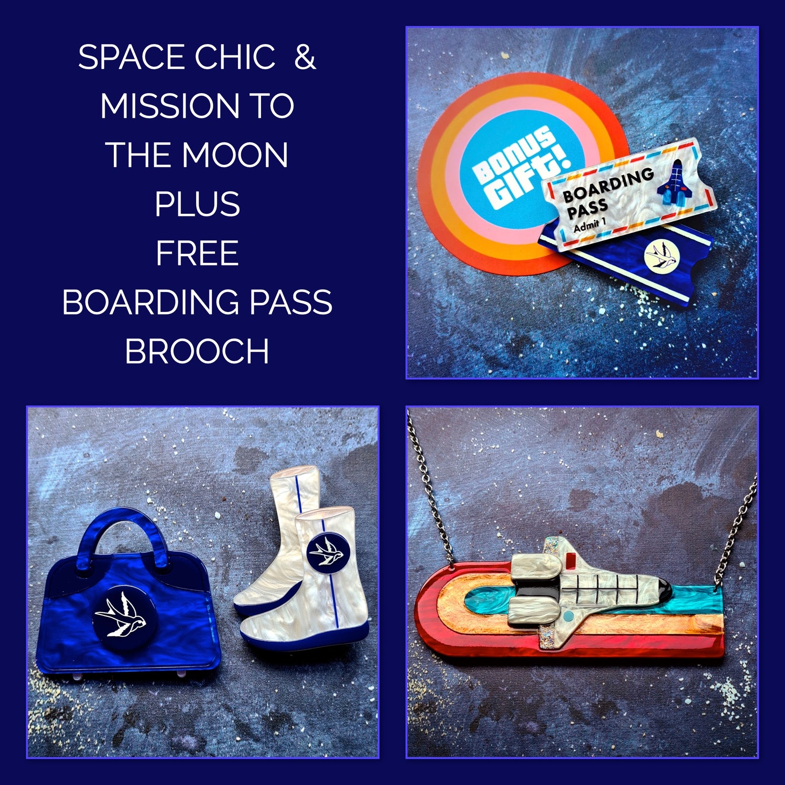 Bunldle offer: Space Chic Souvenirs Double Brooch and Mission to the Moon Necklace with FREE Boarding Pass Gift with Purchase