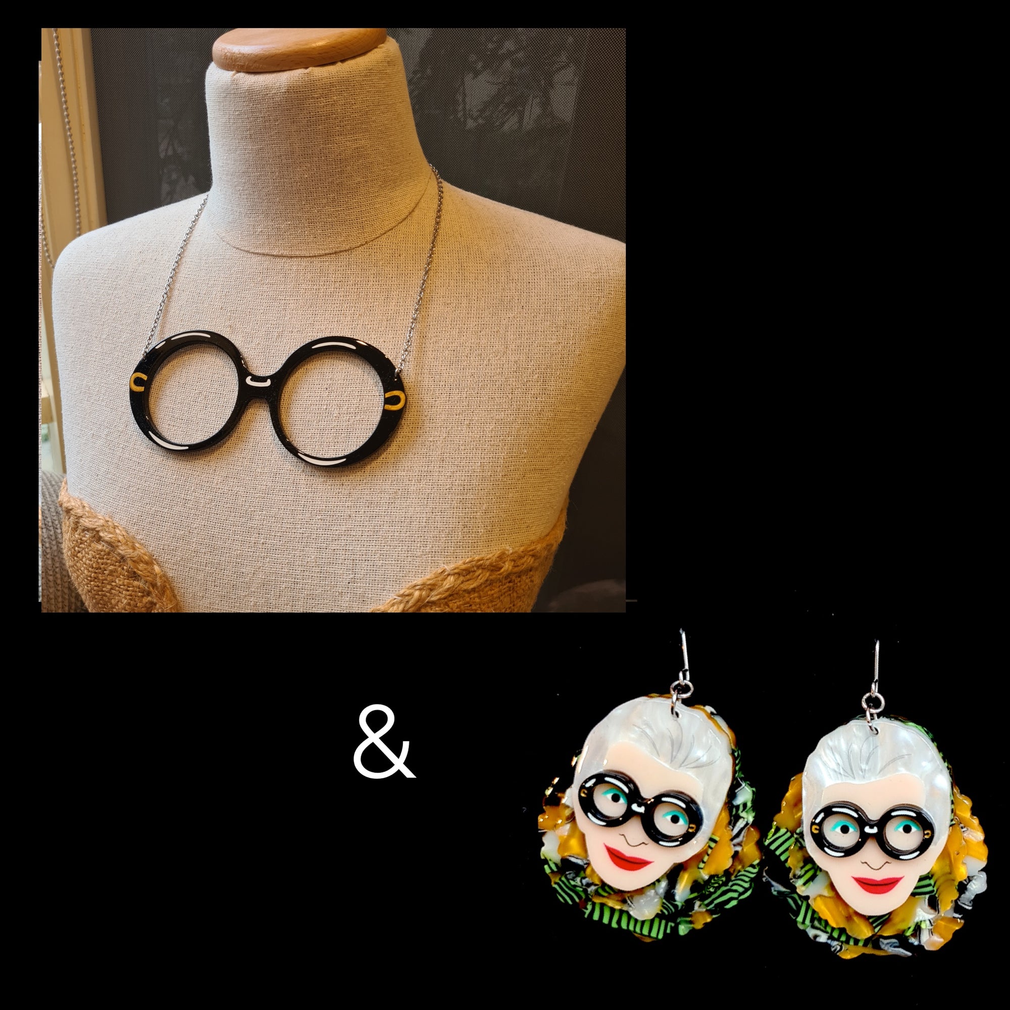 Spectacular Spectacles Necklace and Adorned in Feathers Drop Earrings from the Erstwilder Iris Apfel Collection