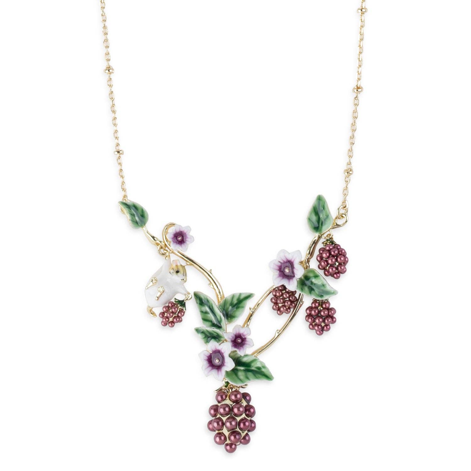 Blackberry Mouse Necklace by Bill Skinner Studio worn by a model, showcasing its intricate design and vibrant colors.
