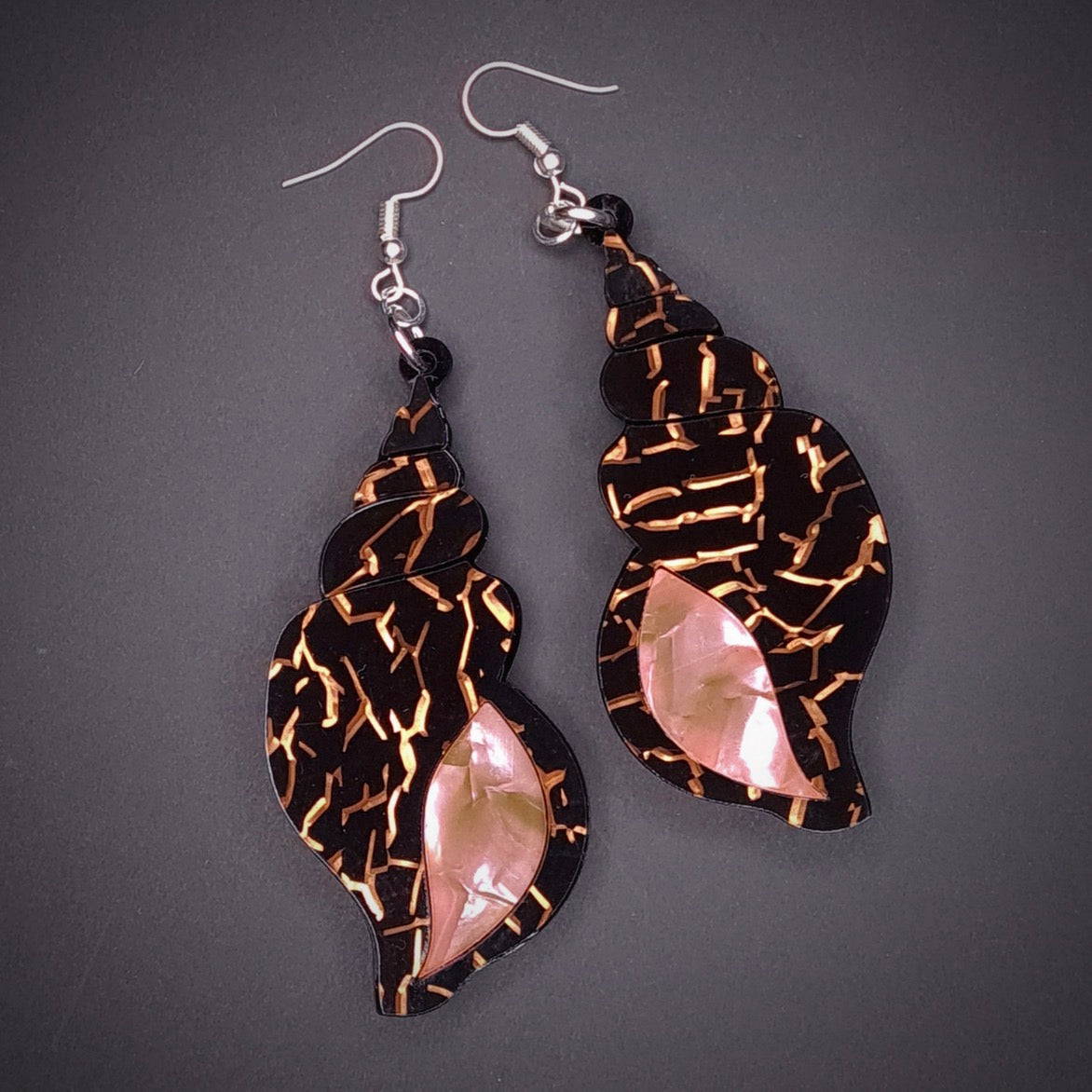 Black Gold Pink Shell Earrings by Lou Taylor