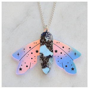 Recycled Acrylic Celestial Moth Necklace by Esoteric London (Blue/Black)