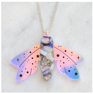 Recycled Acrylic Celestial Moth Necklace by Esoteric London ( Purple/Silver)