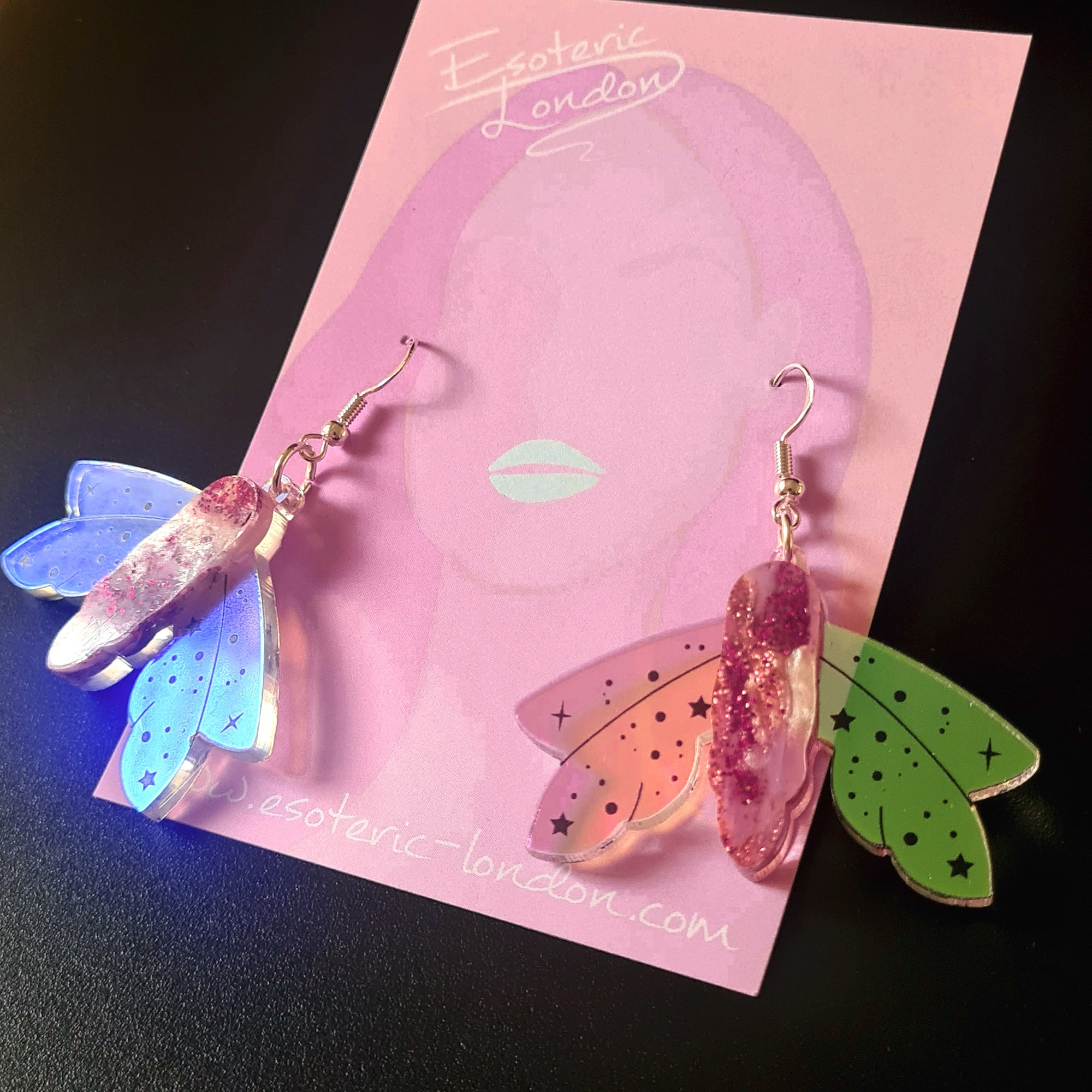 Recycled Acrylic Celestial Moth Earrings by Esoteric London (Pink/Red)